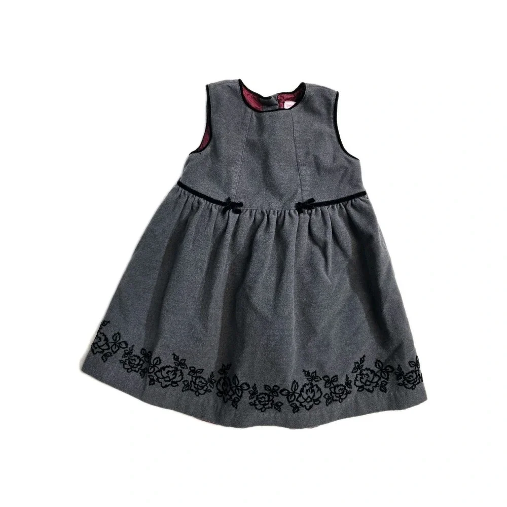 Vintage Gymboree Girls Dress Gray Sleeveless 18-24 Months Flowers Trim 2002